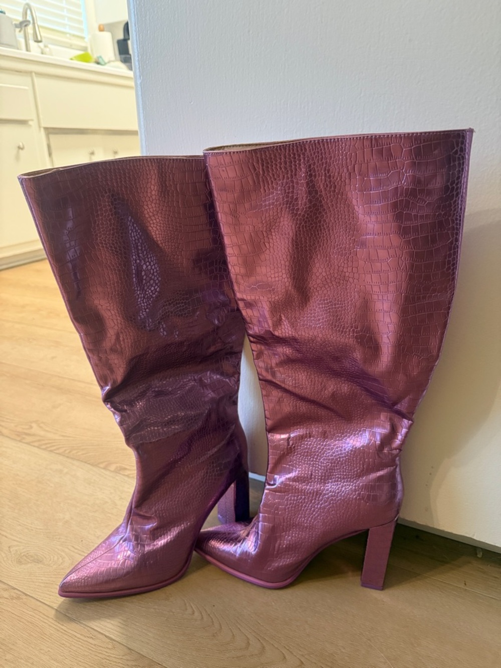 Metallic Pink Croc-Embossed Knee-High Heeled Boots